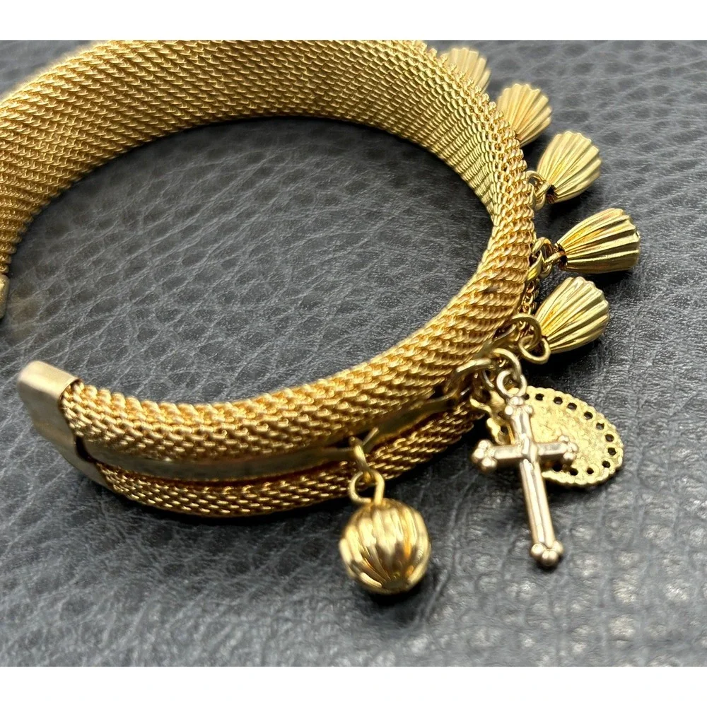 Vintage Mesh Bracelet Cuff Charm Dangle Cross Madonna Medal Gold Tone